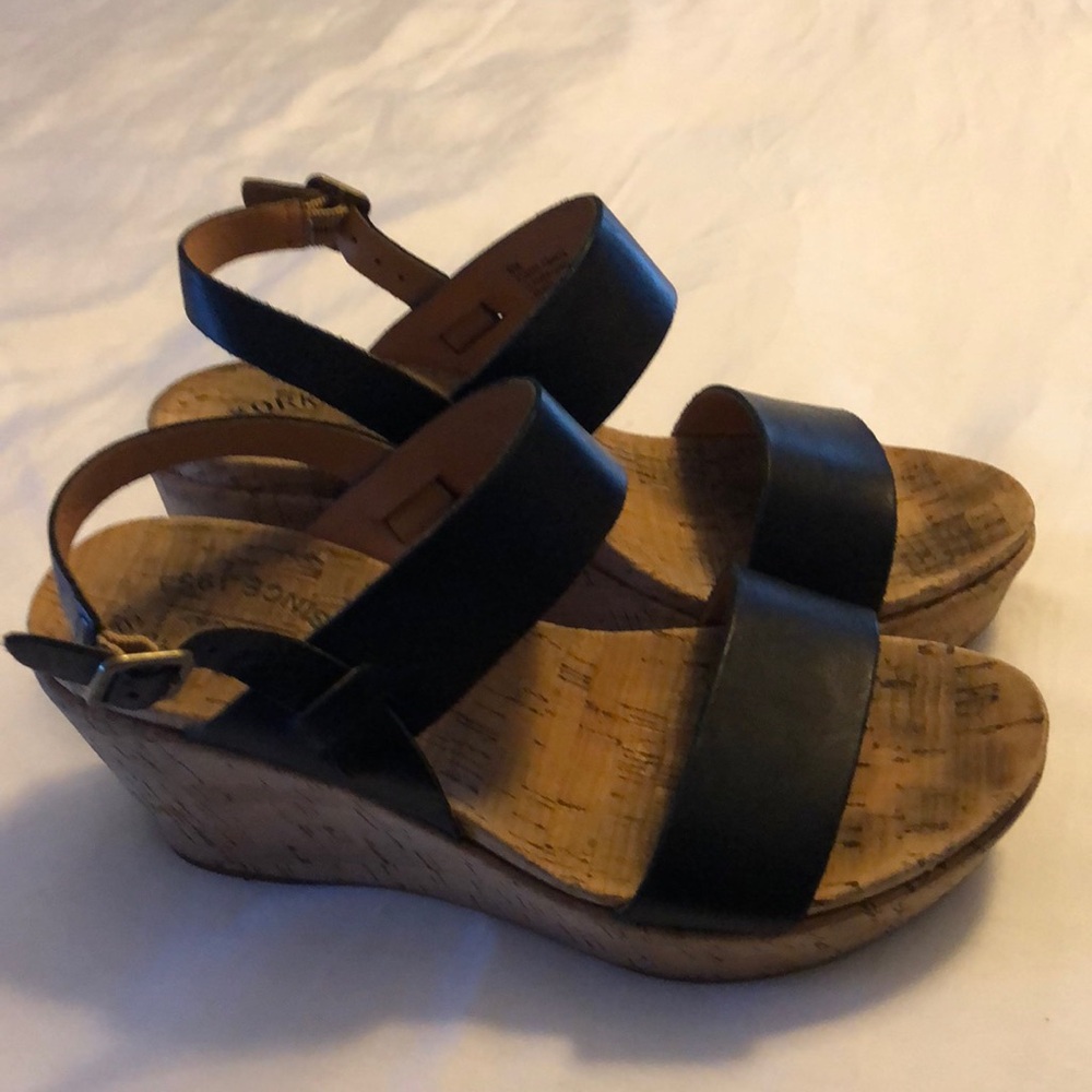 Kork-Ease Black Leather Wedge Sandals
